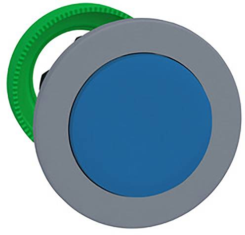 Ein runder, blauer Knopf mit grauem Rand, teilweise von einem grünen Zahnrad verdeckt.