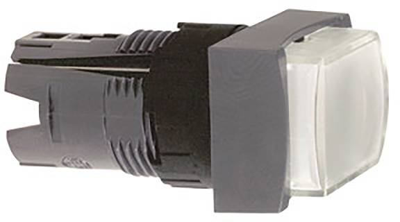 Rechteckiger, grauer Druckknopf mit transparentem, beleuchtbarem Kopf, zur Bedienung bei elektrischen Steuerungen.