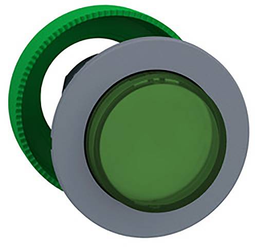 Grüner runder Knopf aus Kunststoff und Metall, möglicherweise ein Druckknopf für Maschinen oder Geräte.