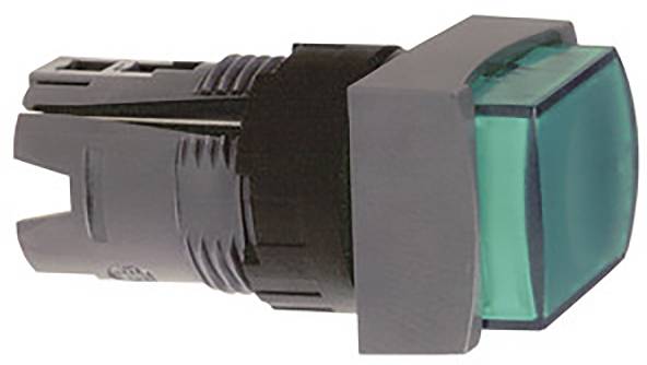 Ein grüner, blockförmiger Druckknopf in einem grauen Kunststoffgehäuse, typisch für elektronische Steuerungsanwendungen.