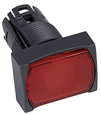 Ein roter rechteckiger Druckknopf mit schwarzem Gehäuse. Der Knopf ist beleuchtet und möglicherweise Teil eines Schalttafeldesigns.