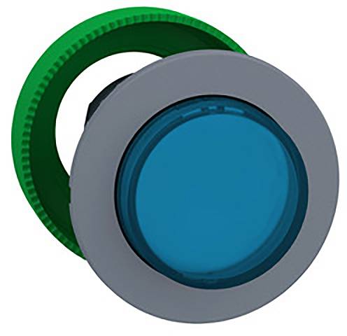 Blauer Knopf mit grauem Rand und grüner Befestigung, häufig für Maschinensteuerungen verwendet.