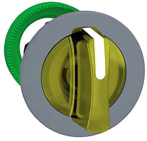 Ein runder, grauer Schalter mit einem durchsichtigen, gelben Griff und einem grünen Zahnrad an der Rückseite.