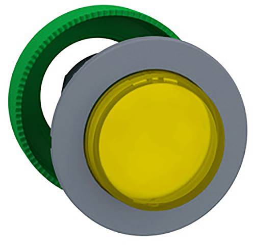 Ein runder gelber Knopf mit grauem Rand, umgeben von einem grünen Befestigungsring. Wird oft als maschineller Bedienknopf verwendet.