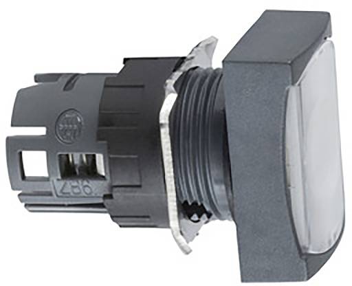 Ein grauer, quadratischer Drucktaster in einer maschinellen oder industriellen Anwendung.