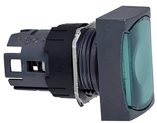 Schwarzer und grauer rechteckiger Druckknopf mit grünem Kunststoffschild.