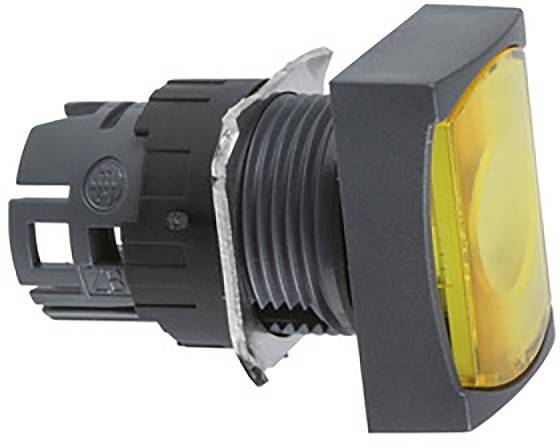 Ein rechteckiger, gelber Leuchtmelder in einem schwarzen Gehäuse, wahrscheinlich Teil eines elektrischen Schalters oder Bedienfelds.