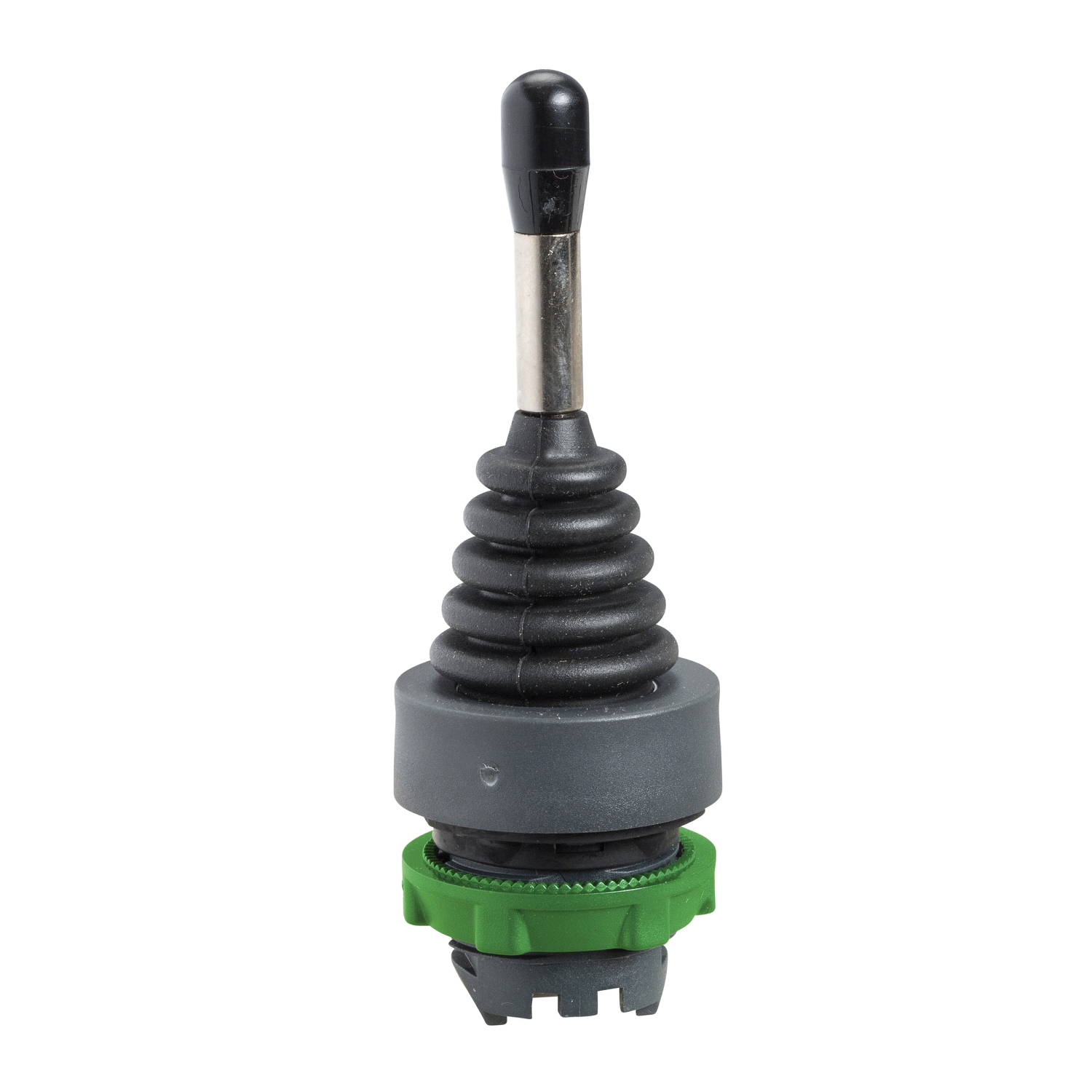 Joystick mit flexiblem, schwarzen Griff und grünem Befestigungsring, vor weißem Hintergrund.