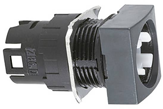 Schwarzer Drehschalter mit quadratischer Frontplatte, Kunststoffgehäuse und Gewinden zum Einbau in elektrische Geräte.