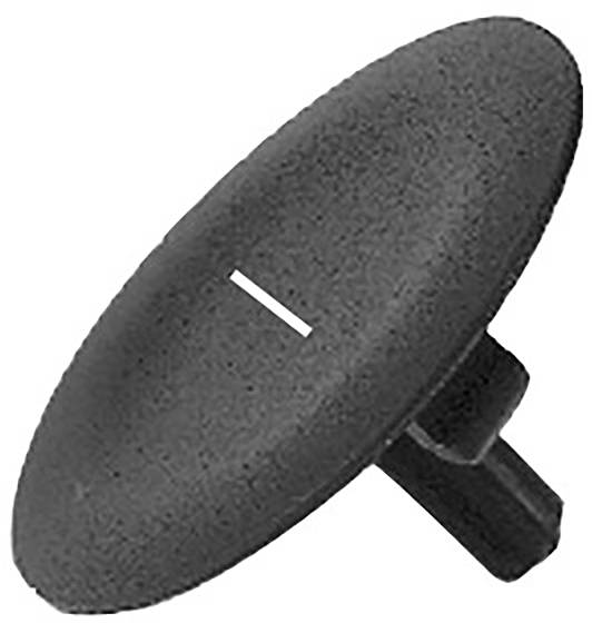 Ein schwarzer runder Plastikknopf mit einem kleinen Schaft an der Unterseite zum Befestigen.
