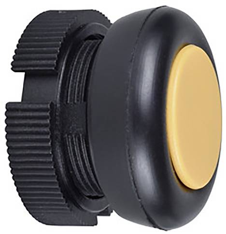 Ein schwarzer Druckknopf mit gelber Vorderseite, geeignet für elektronische Geräte.