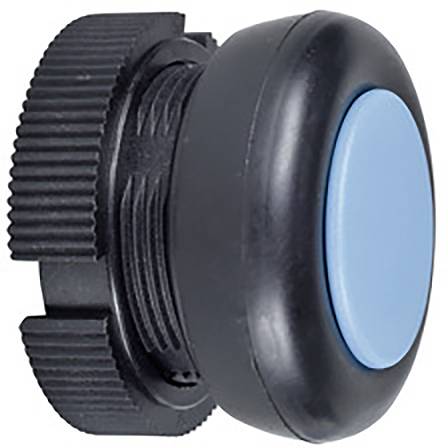 Schwarzer Druckknopf mit blauem Kopf und geriffeltem Rand. Typische Größe und Form für industrielle Steuerungsanwendungen.