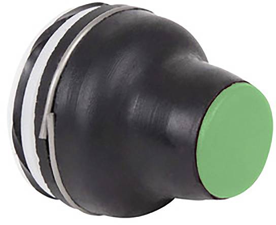 Ein schwarzer Klingelknopf mit grünem Knopf und silbernem Rand.