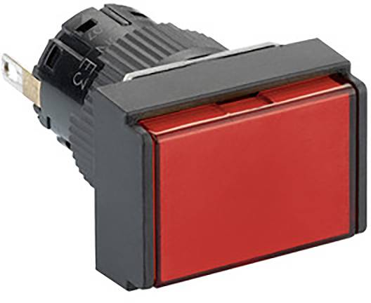 Ein rechteckiger roter Druckknopf mit schwarzem Gehäuse und Steckanschlüssen, typischerweise zur Betätigung von elektronischen Geräten.