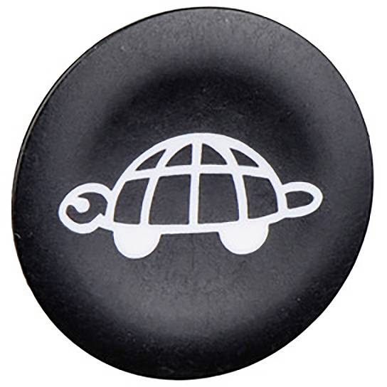Schwarzer Knopf mit dem Symbol einer Schildkröte mit Schraubenschlüssel als Bein, symbolisiert langsame Geschwindigkeit oder Wartung.