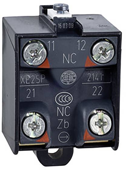 Ein schwarzer elektrischer Schalterblock mit Schraubklemmen, markiert mit 'NC', '11', '12', '21', '22'. Eignet sich für industrielle Anwendungen.