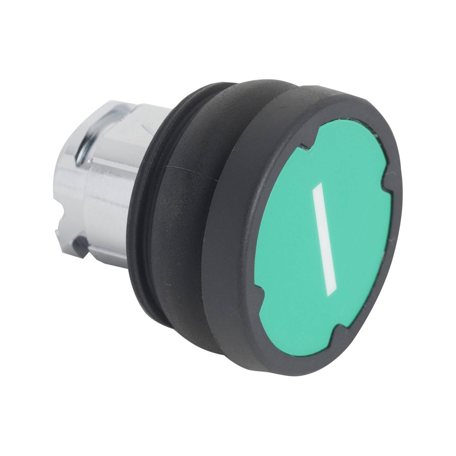 Grüner Druckknopf mit schwarzem Rand, vor weißem Hintergrund, zur Steuerung von Maschinen oder Elektroniksystemen.