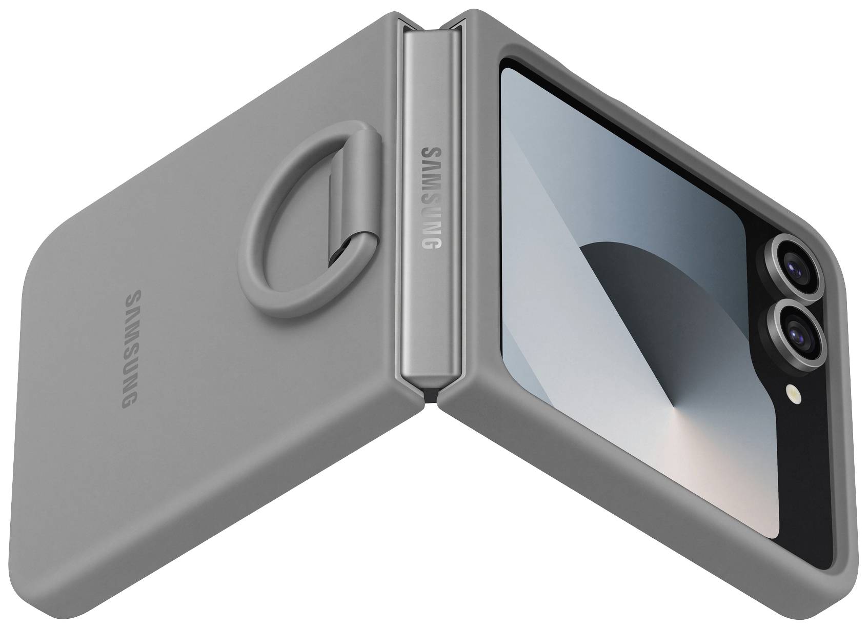 Graues, aufklappbares Smartphone mit dualen Kameralinsen, hochklappbarem Design und 'Samsung'-Logo auf der Hülle.