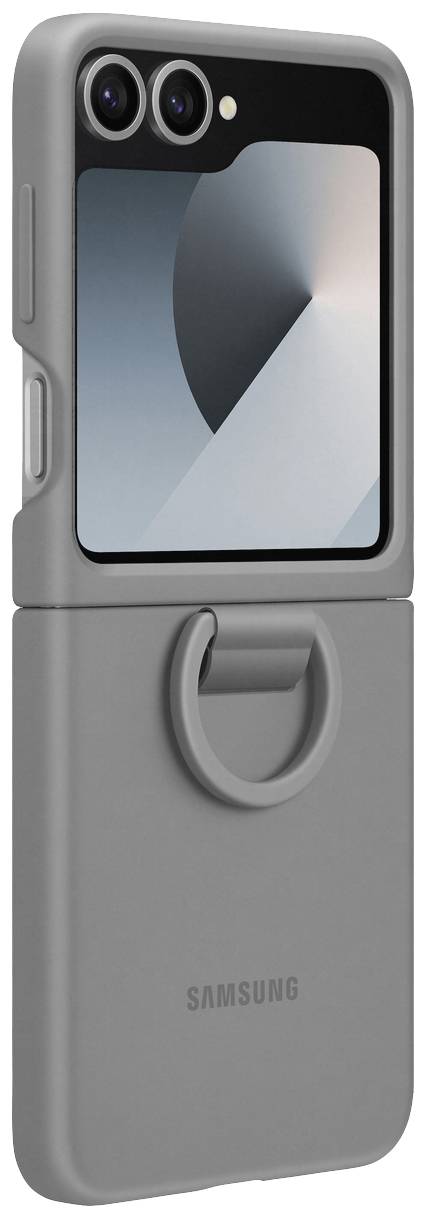 Klappbares Smartphone in einer grauen Schutzhülle mit Ringhalter. Die Doppelkamera und das Display sind sichtbar.