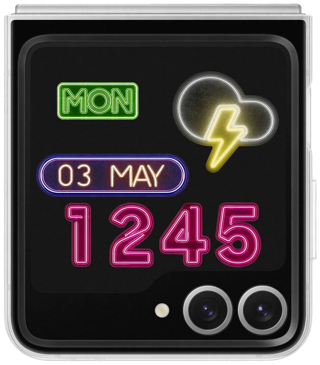 Ein Smartphone-Bildschirm zeigt die Wochentag-Anzeige 'MON', das Datum '03 MAY', eine Uhrzeit '12:45' und ein Wetter-Symbol mit Blitz.