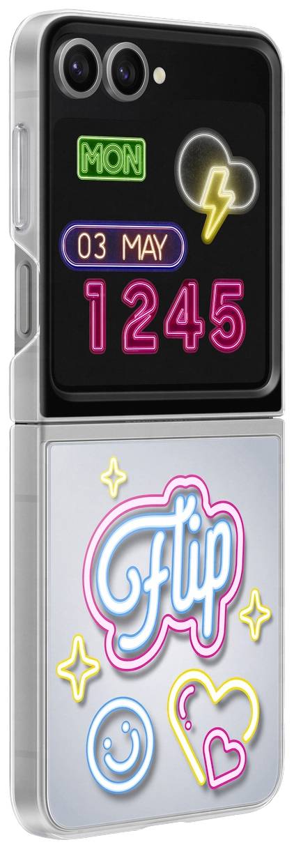 Faltbares Smartphone, Rückseite zeigt Neon-Symbole: Montag, Blitz, '03 Mai 12:45', Schriftzug 'Flip', Sterne, Herz und Smiley.