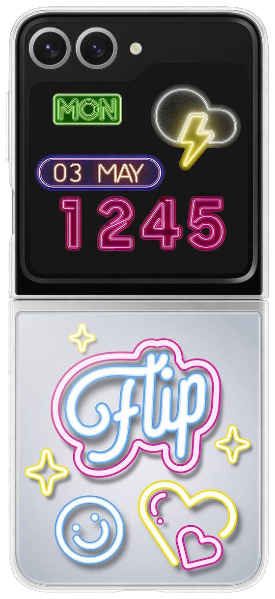 Ein zusammengeklapptes Smartphone mit neonfarbenem Design zeigt das Datum '03 MAY', die Uhrzeit '12:45' und das Wort 'Flip'.