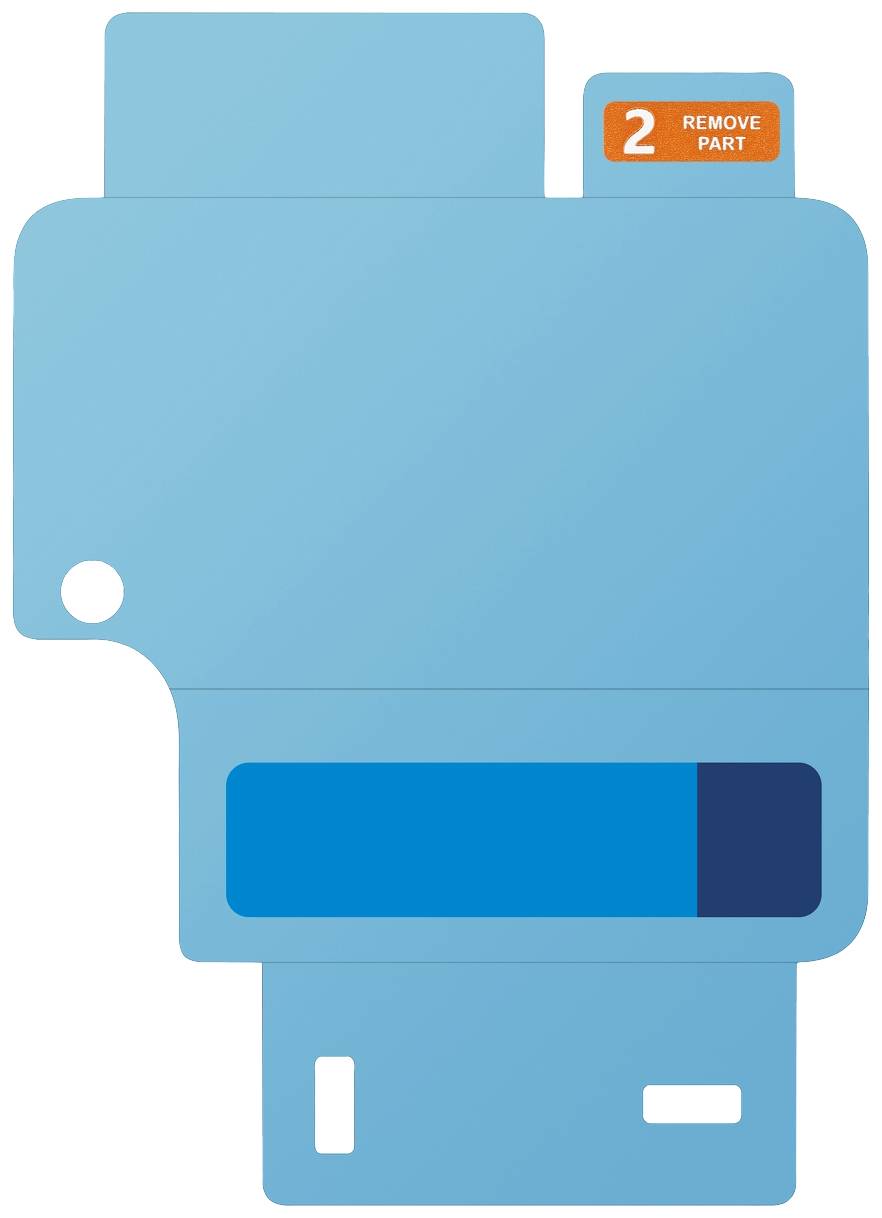 Blaues, abstraktes Symbol mit einer orangen Markierung oben rechts, die 'REMOVE PART' anzeigt. Anweisung zur Entfernung eines Teils.