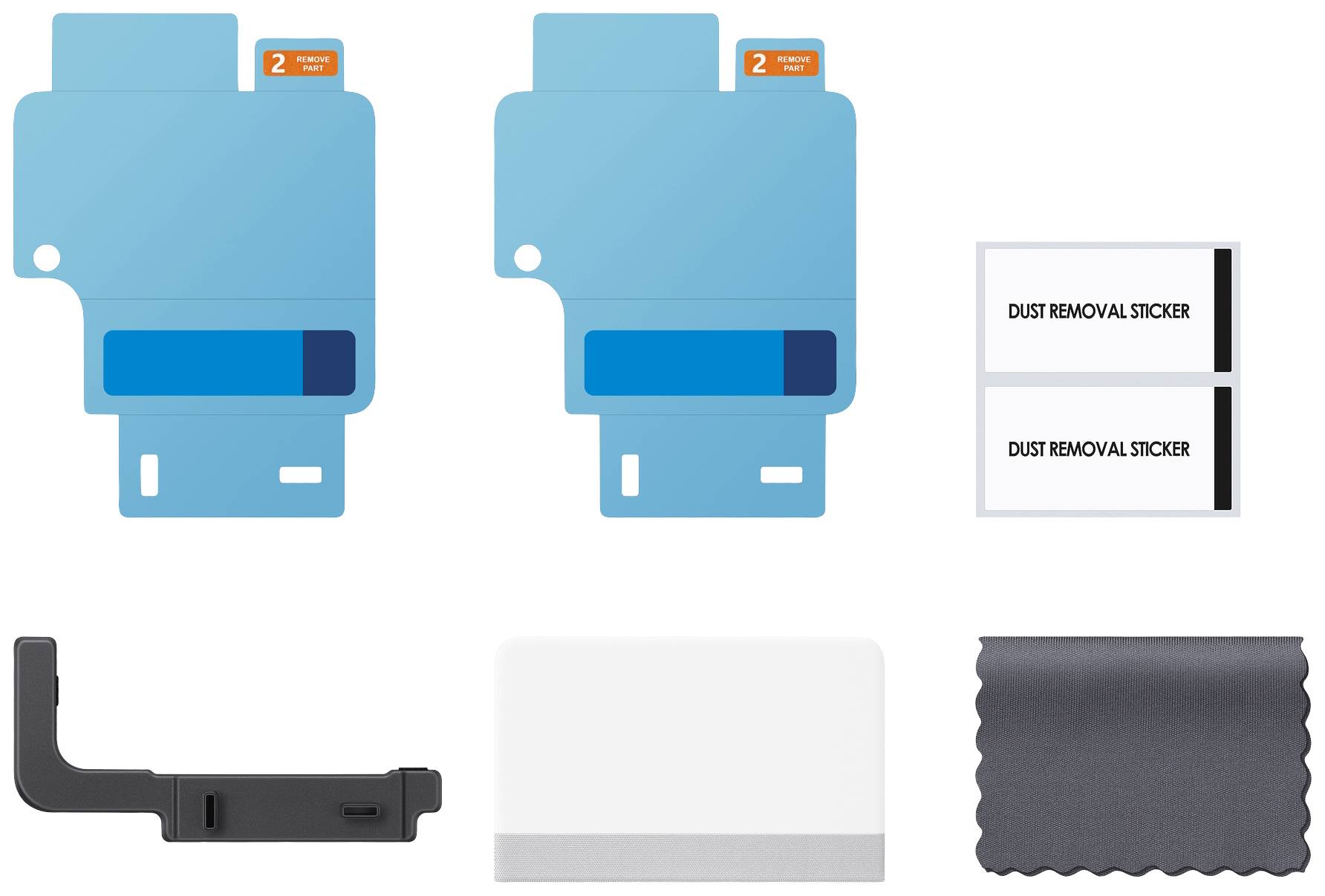 Zubehörset für Displayschutz: Zwei blaue Schutzfolien, zwei Staubentfernungssticker, Applikatorwerkzeug und Reinigungstuch.