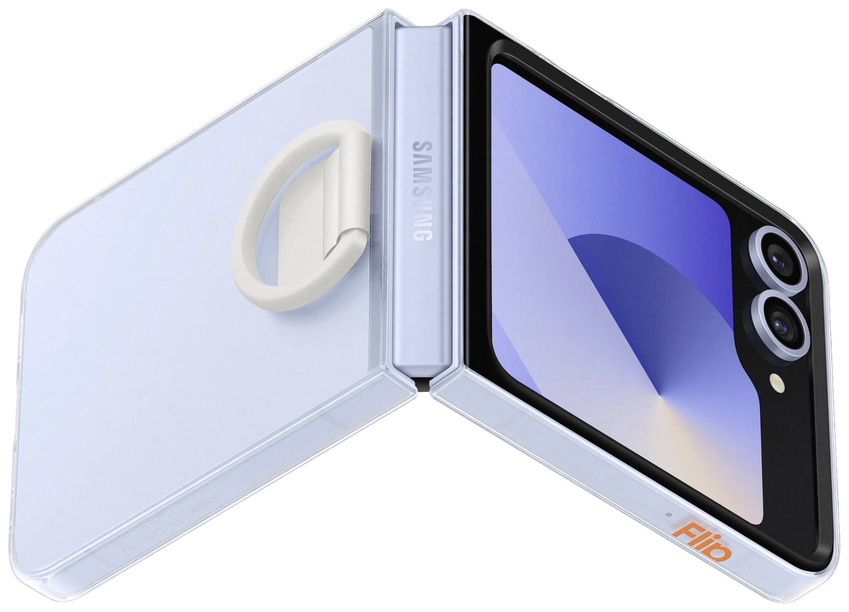 Zusammengeklapptes blaues Smartphone mit zwei Kameralinsen und einem Display; markantes Scharnierdesign erkennbar.