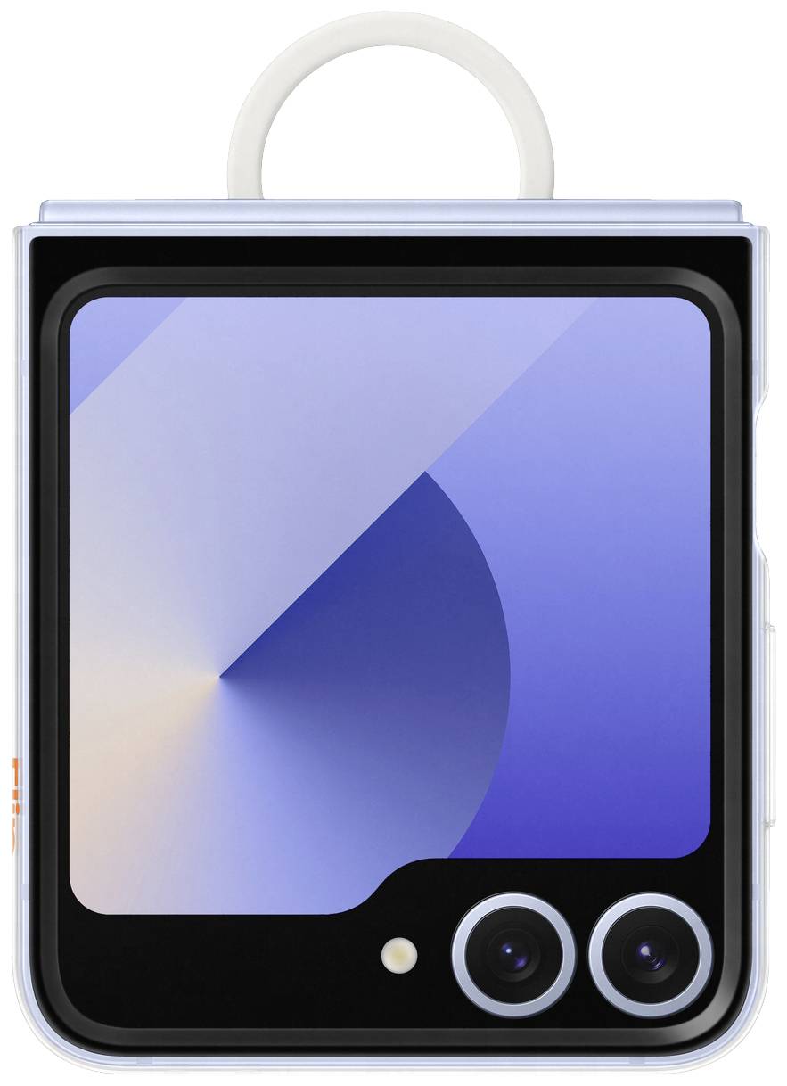 Smartphone mit schickem Cover, geschlossen. Vorderseite zeigt großes Display mit blauen geometrischen Mustern und zwei Kameras.