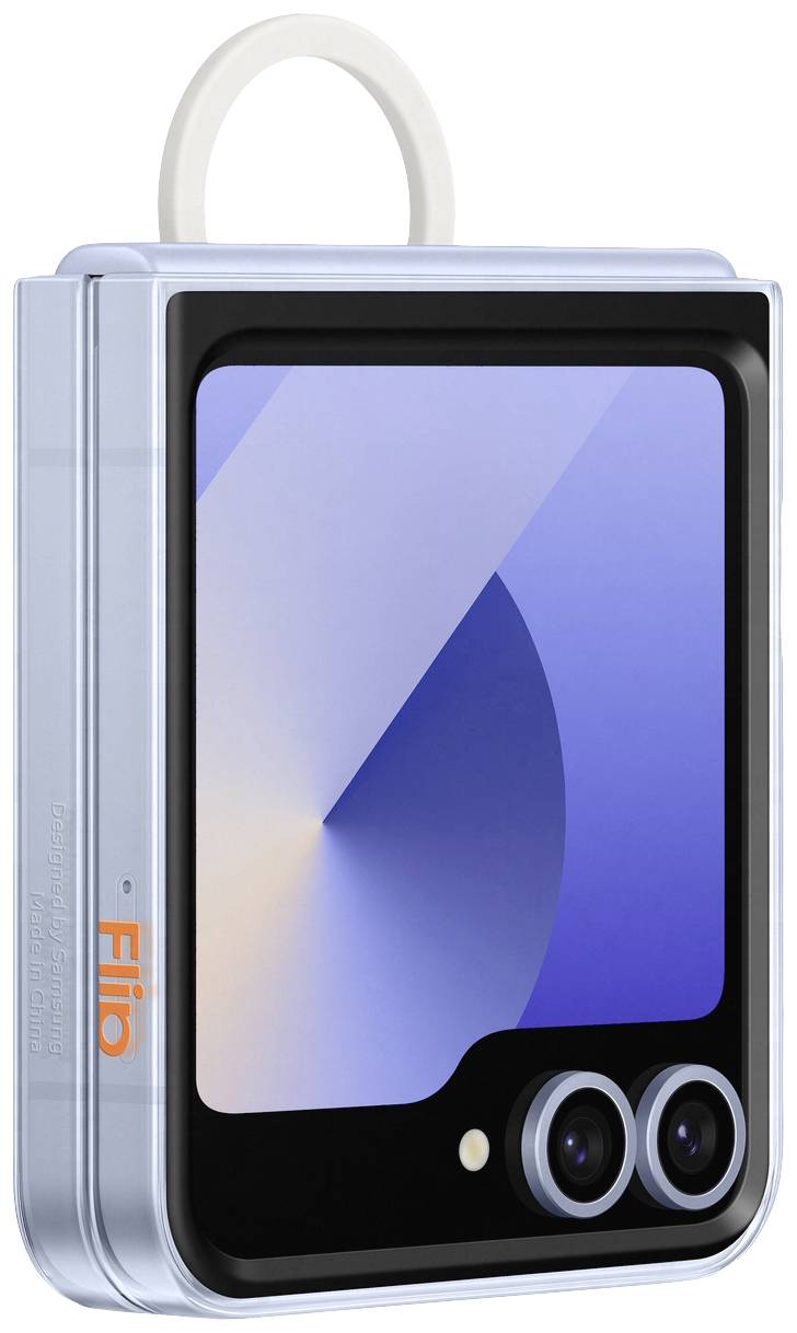 Ein klappbares Smartphone mit großem Frontdisplay und zwei Kameras; modernes Design mit abgerundeten Ecken und blauem Gehäuse.