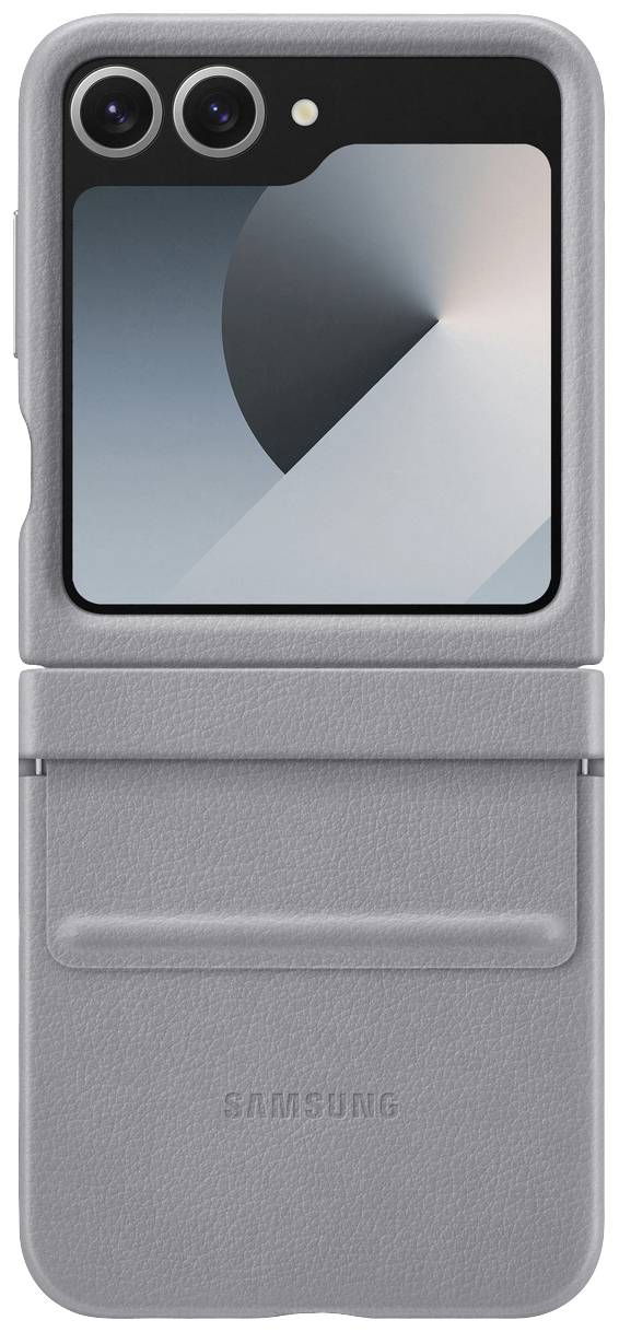 Ein graues Smartphone in einem passenden Case, das sich in der Mitte falten lässt. Auf dem Bildschirm ist ein minimalistisches geometrisches Design zu sehen.