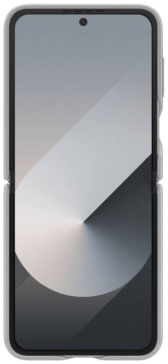 Ein modernes Smartphone mit aufklappbarem Design, Bildschirm zeigt abstrakte Muster. Klarer, minimalistischer Stil.