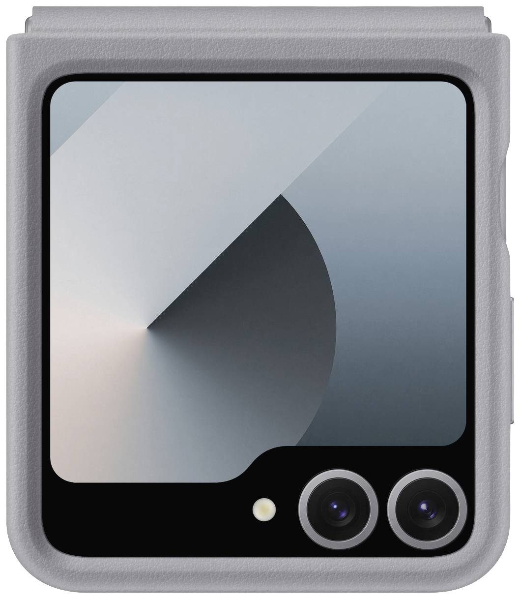 Ein Smartphone mit zwei Kameralinsen, geschlossenem Klappdesign und einem minimalistischen grauen Gehäuse.