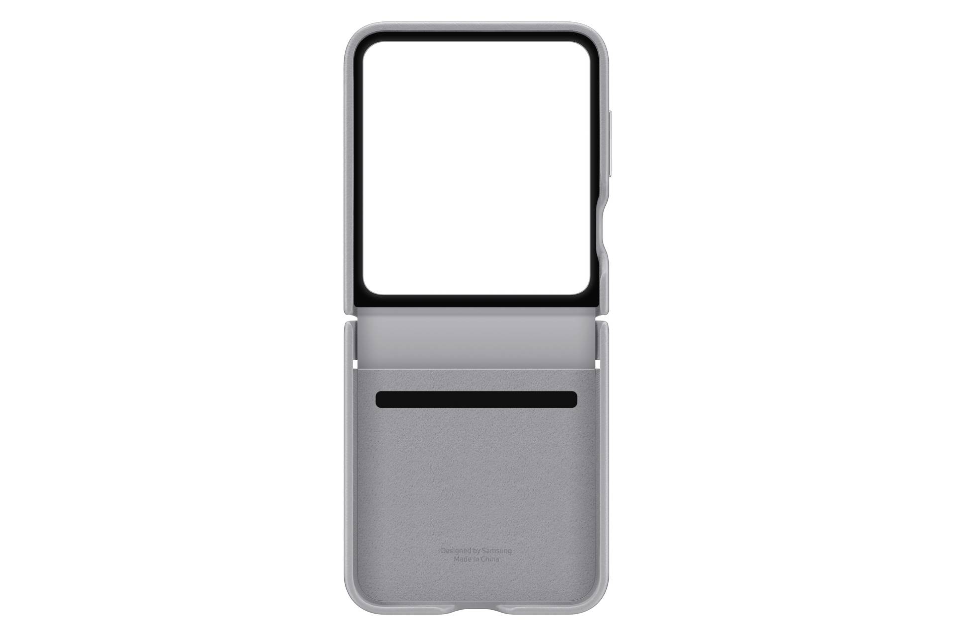 Graues Klapphandy mit rechteckigem Bildschirm im aufgeklappten Zustand, zeigt keine Inhalte auf dem Display, mit schmalem Gehäusedesign.