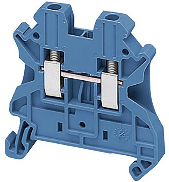 Ein blauer elektrischer Reihenklemmenblock mit metallischen Kontakten in der Mitte, für die Verdrahtung in Schalttafeln.