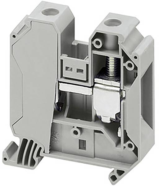 Ein grauer elektrischer Klemmblock in Nahaufnahme, mit einer Metallklammer im Inneren, zeigt Details der Konstruktion und Anschlusspunkte.
