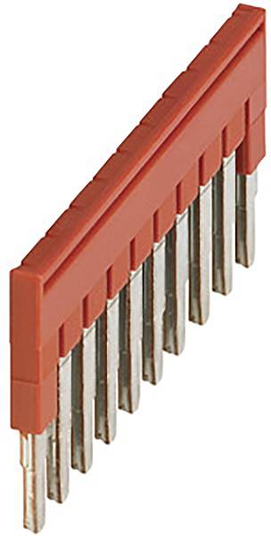 Ein roter Steckbrückenverbinder mit zahlreichen Metallstiften, die parallel zueinander angeordnet sind, sichtbar von der Seite.