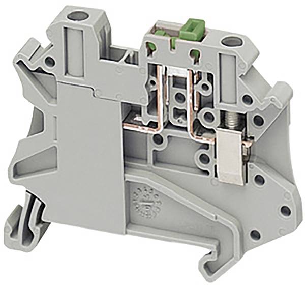 Graue DIN-Schienenklemme aus Kunststoff mit Metallkontakten, seitlicher Befestigung und grünem Anschluss für elektrische Verbindungen.