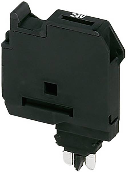 Ein schwarzes elektrisches Bauteil mit 24V-Markierung, vermutlich ein Relais oder Schalter, mit Metallkontakten unten.