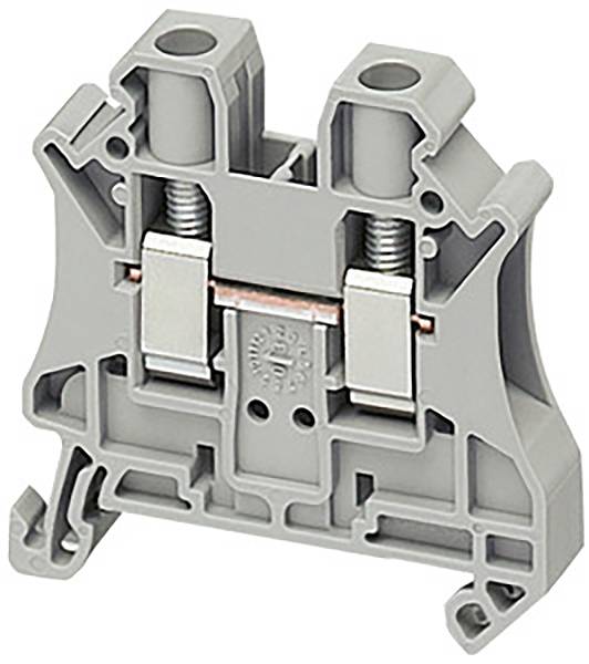 Graue elektrische Klemme mit zwei Metallkontakten und Schrauben. Verwendet zur Befestigung und Verbindung von Kabeln in elektrischen Schaltungen.