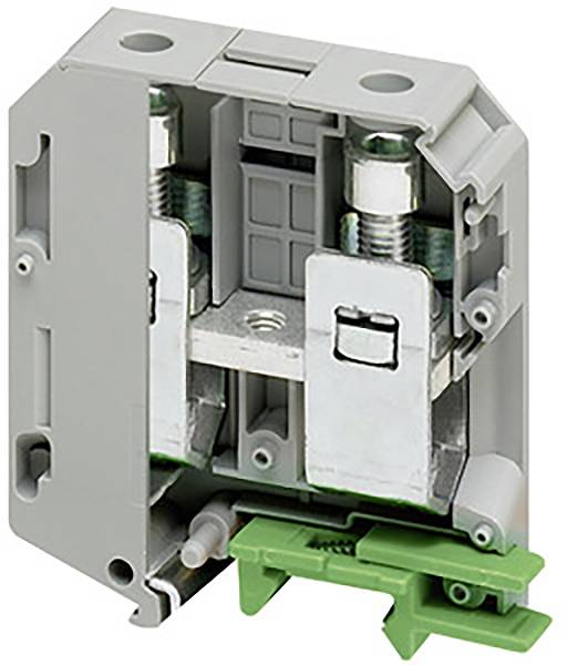Ein grauer und grüner elektrischer Klemmenblock mit zwei Schraubanschlüssen. Hauptsächlich für die Befestigung von Kabeln verwendet.