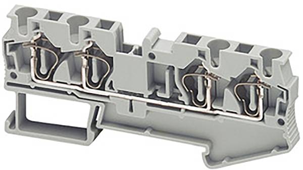 Graue Klemmleiste aus Kunststoff mit drei Metallklemmen zur elektrischen Verbindung. Sie ist für DIN-Schienenmontage geeignet.