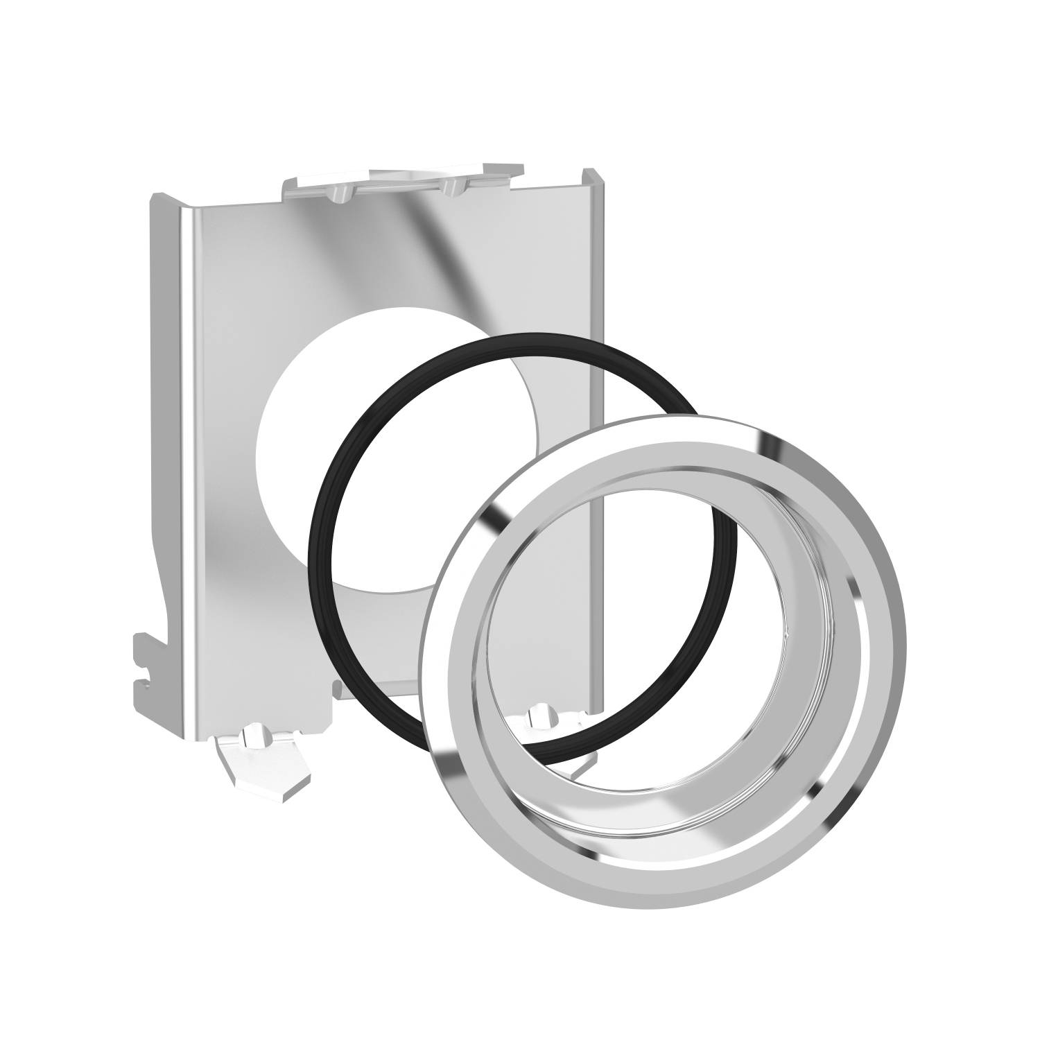 Metallring mit schwarzem O-Ring und Halterung, wahrscheinlich Teil eines mechanischen oder elektronischen Geräts.