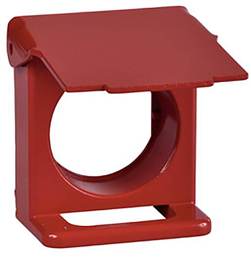 Ein rotes, quadratisches Gehäuse mit einem runden Loch in der Mitte, wahrscheinlich ein Schutzgehäuse für einen Schalter oder Knopf.