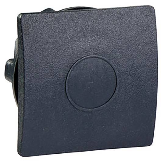 Ein quadratischer schwarzer Taster mit einem zentralen, runden Knopf, geeignet für industrielle Steuerungsanwendungen.