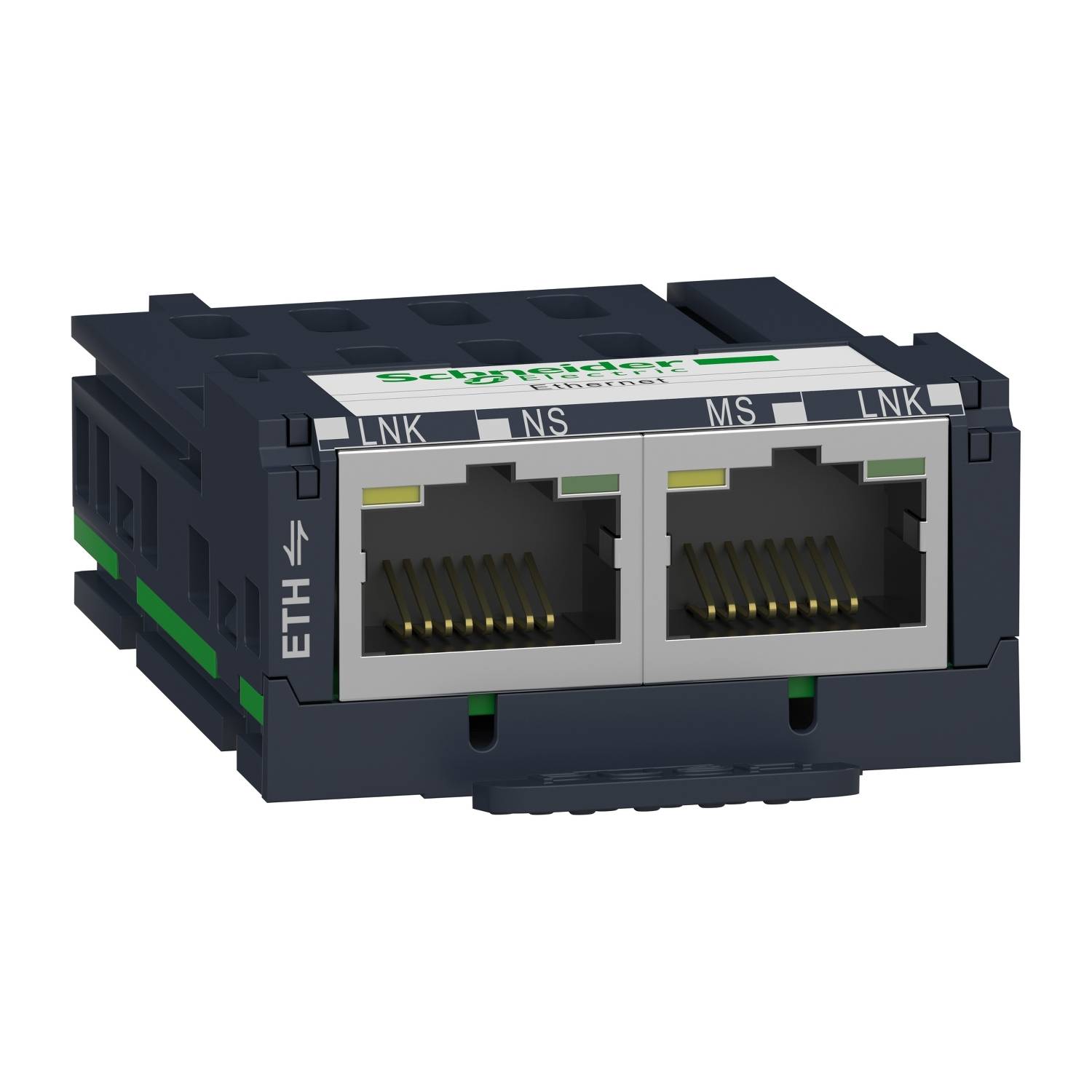 Zwei Ethernet-Ports in einem schwarzen Modul mit grünen und grauen Markierungen. Oberhalb ist 'ETH' aufgedruckt.