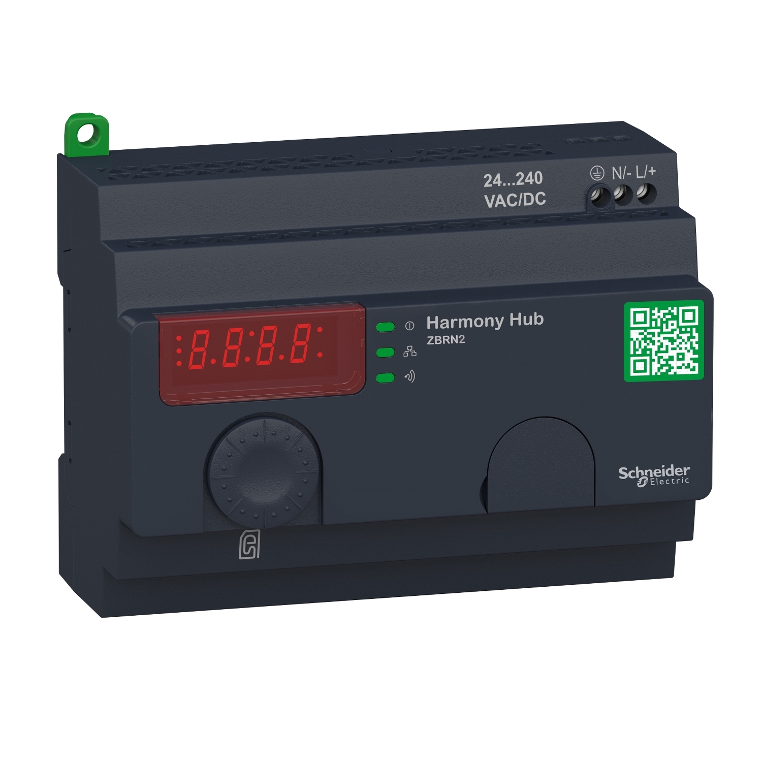 Schwarzer Harmony Hub von Schneider Electric mit LED-Anzeige und QR-Code, geeignet für 24-240 VAC/DC.
