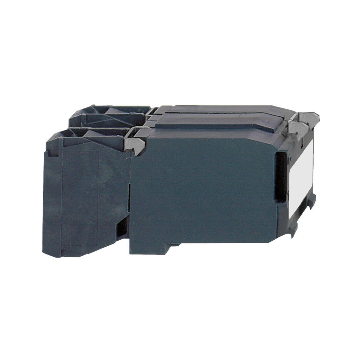 Eine schwarze Tonerkartusche für einen Laserdrucker, seitlich liegend.