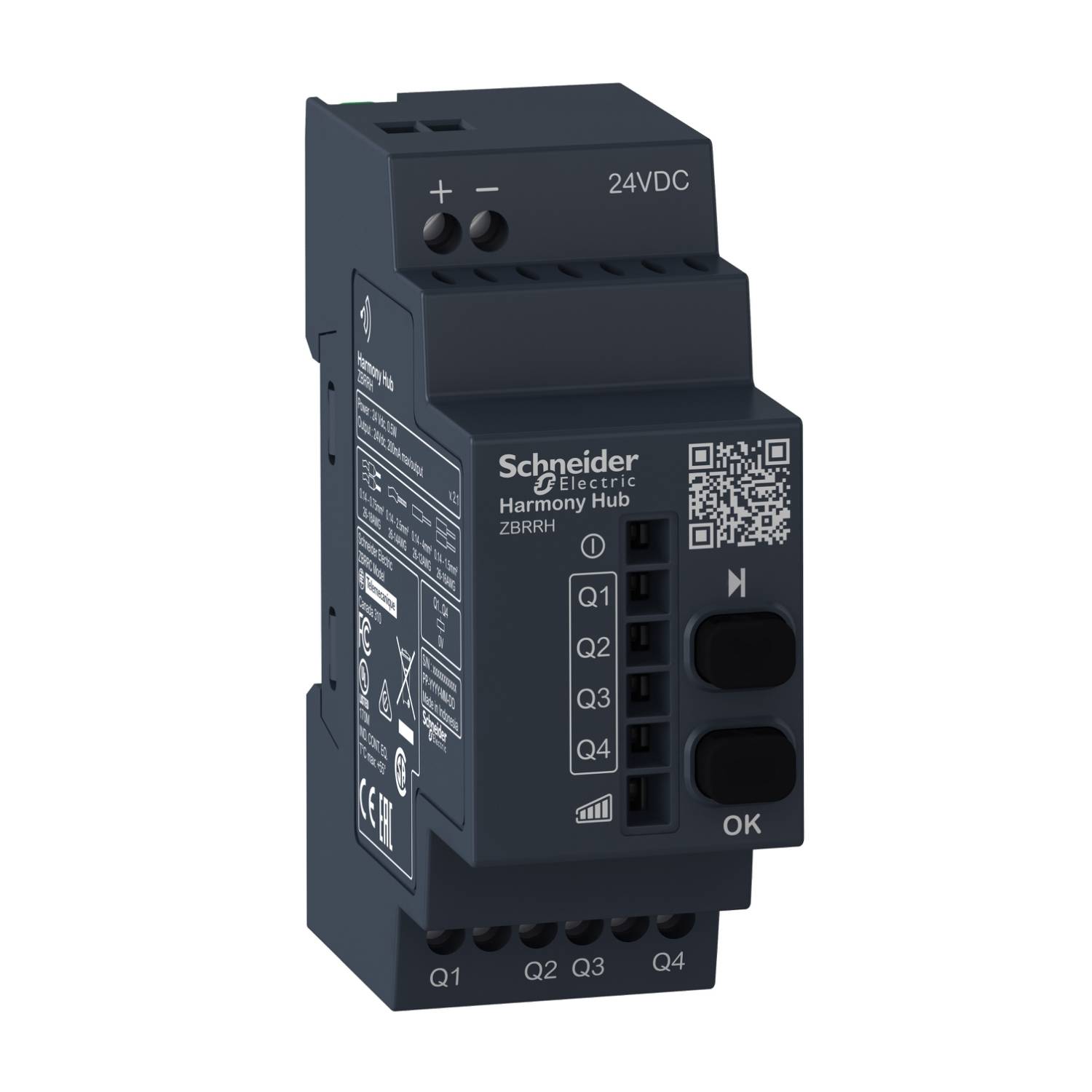 Industrie-Hub-Gerät von Schneider Electric, Modell Harmony Hub ZBRRH, mit Anschlüssen Q1 bis Q4 und einem QR-Code auf der Vorderseite.